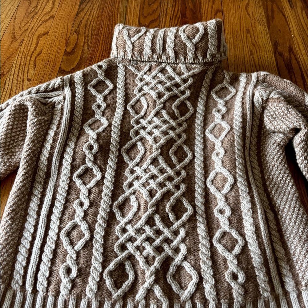 Aran Crafts Cable Knit Cardigan - Cream and Brown -  All Wool - Made in Ireland - Picture 9 of 9